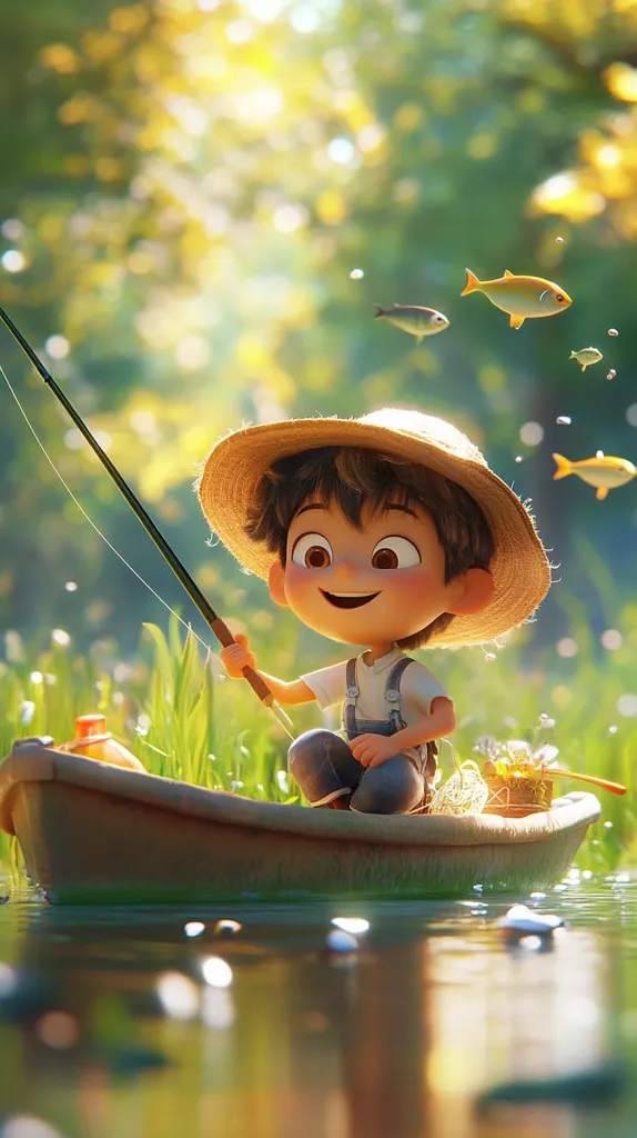 A cartoon boy, wearing a straw hat and overalls, sits in a small wooden boat, holding a fishing rod. He is smiling happily as he fishes in a tranquil pond, surrounded by lush greenery and sparkling sunlight. Small fish swim playfully in the water, adding to the idyllic scene. The boy's innocent joy and the serene beauty of the natural surroundings create a heartwarming and whimsical image.