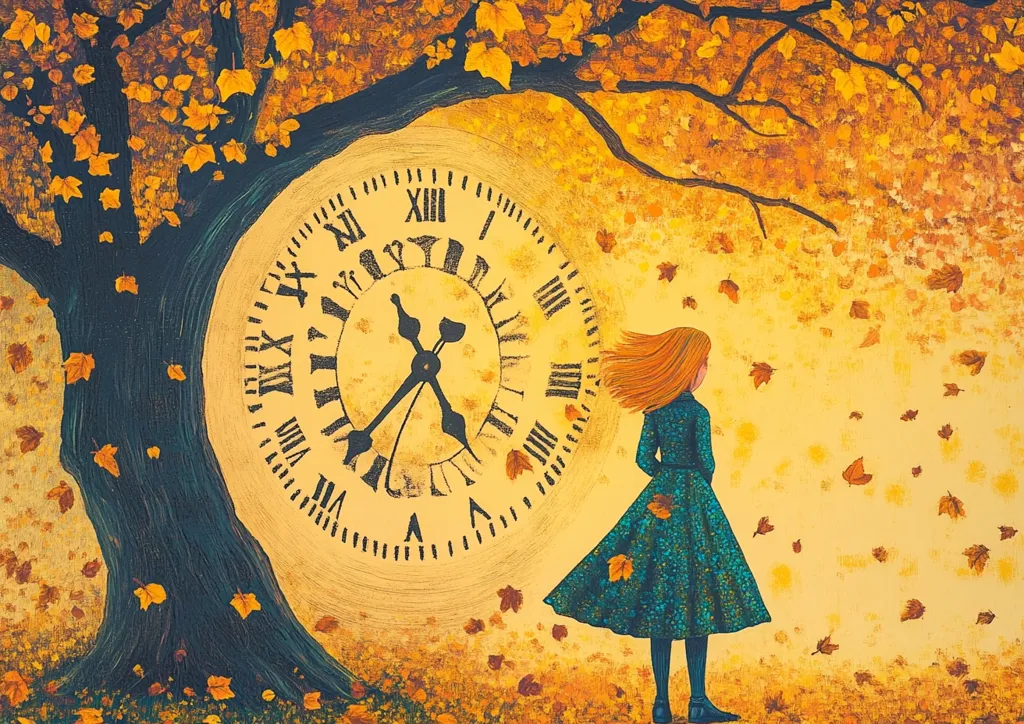 A large, antique clock face sits against a backdrop of golden autumn leaves, its hands frozen in time. A young woman, with her red hair flowing in the wind, stands before the clock, her blue dress adorned with a pattern of leaves. The scene evokes a sense of nostalgia and the fleeting nature of time.  The image suggests a story waiting to be told, perhaps about a lost moment or a decision to be made.