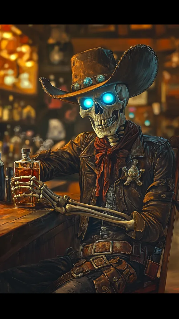 A skeletal cowboy sits at a bar, wearing a brown leather jacket, red neckerchief, and a wide-brimmed hat. He holds a glass of amber liquid in his bony hand, his glowing blue eyes staring intensely. His belt is adorned with a holster and other Western accoutrements. The dimly lit bar atmosphere adds to the mysterious and slightly eerie vibe of the image.