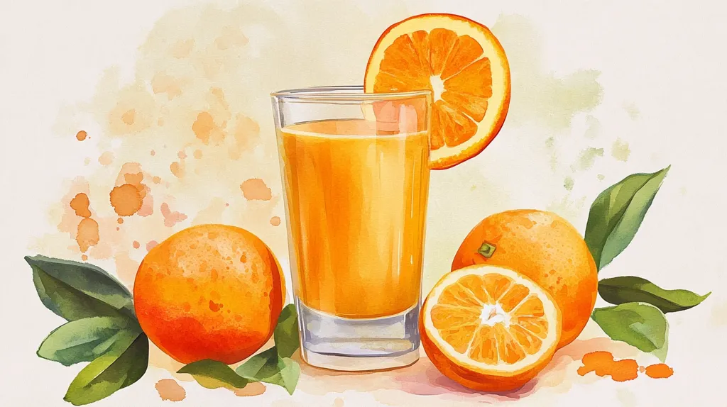 A glass of orange juice sits on a watercolor background surrounded by oranges and orange slices. The background is a light yellow with orange splatters. There is a green leaf from the orange tree on the left side of the image. The image appears to be a watercolor painting.