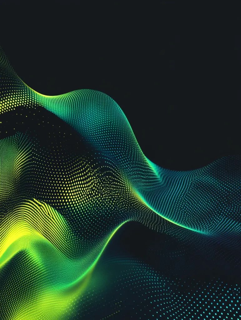 The image is an abstract design of a wavy green and yellow form against a dark background. The form is composed of tiny dots, creating a pixelated effect. The image is visually striking and suggests movement and energy.