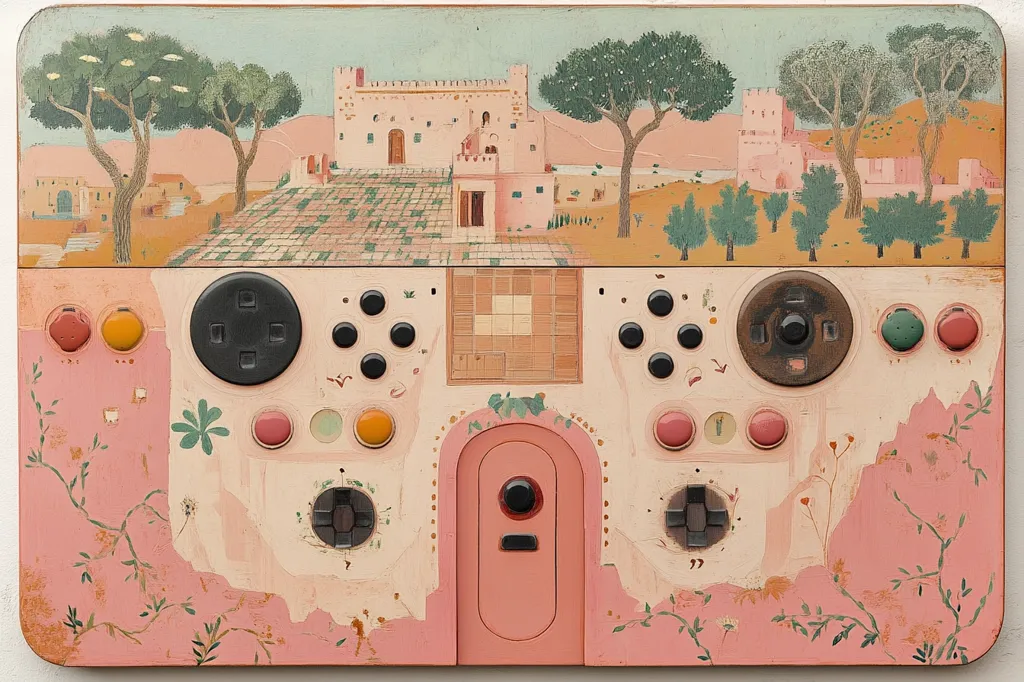 A pink and beige painted panel with a castle scene at the top. The scene features two towers, an arched doorway, and trees. The bottom portion is a stylized game controller with buttons, a joystick, and a D-pad. Flowers and vines are painted around the border.  The overall impression is playful and whimsical.