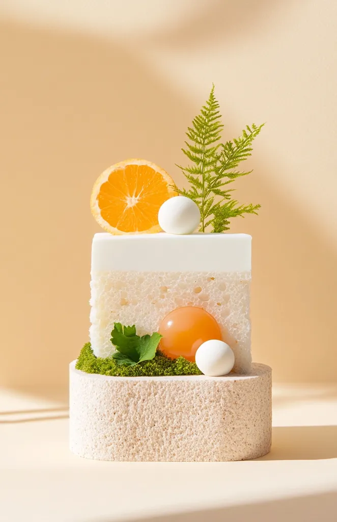 A minimalist dessert presentation with a white cake base, topped with a slice of orange, a green fern, and white and orange spheres. The cake is sitting on a textured beige base, creating a visually appealing contrast. The soft lighting and minimalist background enhance the beauty of the dessert.