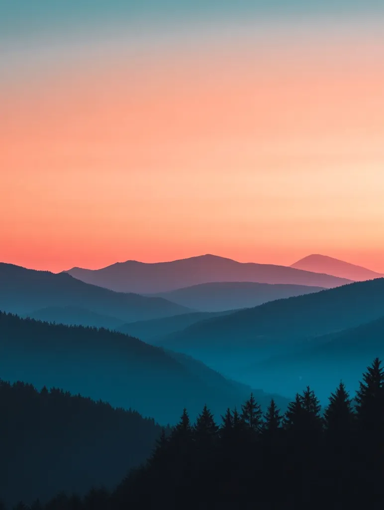 The image depicts a breathtaking mountain landscape at dusk. Silhouetted against a vibrant sky, the mountains stretch out in a series of layered ridges, their peaks bathed in the soft glow of the setting sun. The sky transitions from a deep blue to a fiery orange, creating a dramatic backdrop for the tranquil scene. The image evokes a sense of peace and wonder, capturing the beauty of nature in its purest form.