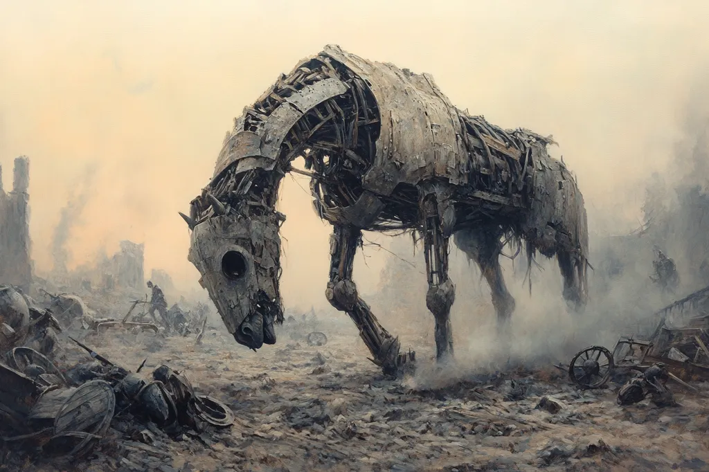 A giant, skeletal horse, made of metal and wood, stands in a desolate, post-apocalyptic landscape. The horse is broken, its limbs bent and twisted, and its body covered in rust and grime. The background is filled with ruins, smoke, and dust. The scene is both beautiful and haunting, a reminder of the fragility of civilization.  The horse's head is lowered in what appears to be defeat.  The image evokes a sense of loss and despair, but also a hint of hope.  The horse's body is still standing, a testament to the strength and resilience of life.