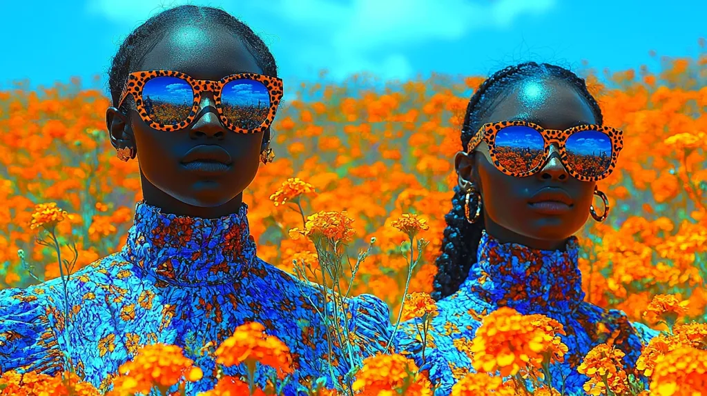 Two young Black women with dark skin and stylish sunglasses stand in a field of bright orange flowers. They are wearing blue and orange patterned clothing and have a serious expression. The flowers are in full bloom and create a vibrant backdrop for the two women. The image evokes a sense of confidence and beauty.