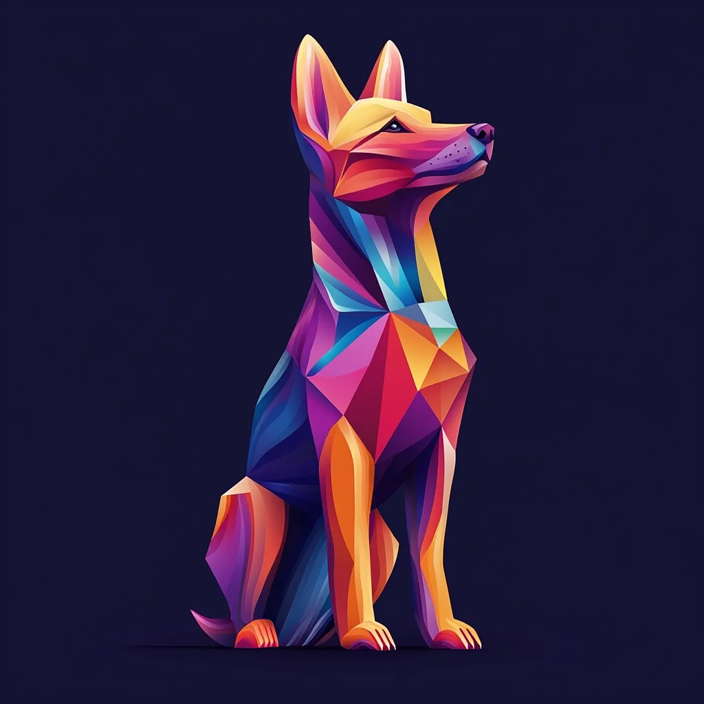 A colorful, geometric dog sits on a dark blue background. The dog is rendered in a vibrant style with shades of pink, blue, orange, and yellow. The dog's posture is relaxed, with its head turned slightly to the side. The image is a unique and abstract depiction of a dog.