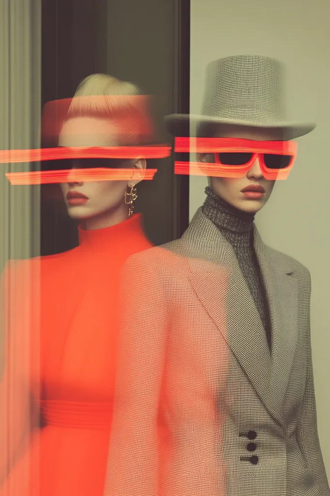 Two women stand side-by-side, posed against a glass window. The woman on the left wears a red turtleneck sweater and has her hair styled in a sleek updo. Her eyes are covered by three horizontal lines of bright orange light. The woman on the right wears a grey and white patterned blazer over a black turtleneck. She's wearing a black and white top hat and oversized orange-tinted sunglasses. The image has a retro, futuristic feel.