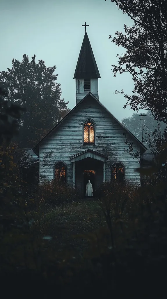 A weathered, white church stands alone in a dark, misty forest. The steeple rises high above the trees, topped with a simple cross. A single figure, clad in white, stands at the entrance, illuminated by the warm glow of a window behind them. The scene evokes a sense of solitude and mystery.