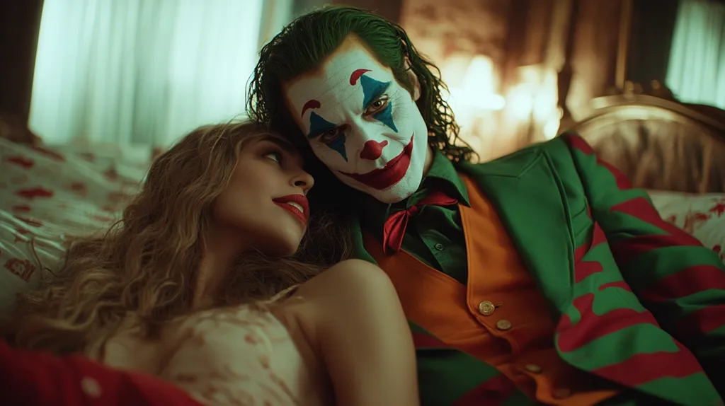 The Joker, dressed in his iconic green suit and red-striped jacket, leans in close to a woman lying on a bed.  She looks up at him with a smile, seemingly captivated by his presence. The scene has a dark and mysterious ambiance, enhanced by the warm lighting and the Joker's sinister grin.  The woman's expression suggests a mix of intrigue and fear, hinting at a dangerous and possibly unsettling encounter.
