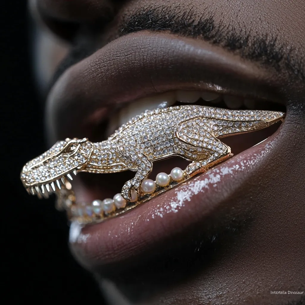A person's mouth is partially open, revealing a gold and diamond grill with a diamond-encrusted dinosaur in the front. The dinosaur is facing left, and the person's lip is slightly curled upward. There are pearl-like stones on the grill and the dinosaur. The image has a dark background, highlighting the brilliance of the grill.