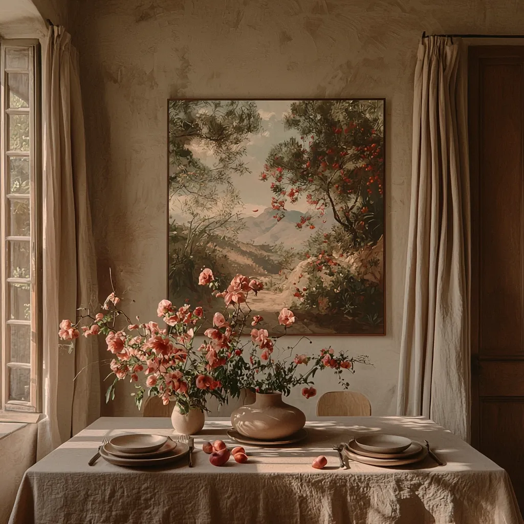 A dining room with a large window, a painting on the wall depicting a lush landscape, and a table set with a linen tablecloth. There is a bouquet of delicate pink flowers in two vases on the table, surrounded by plates and silverware. The room is bathed in warm, natural light, creating a sense of tranquility and elegance.  The overall tone is soft and muted, evoking a sense of peace and serenity.
