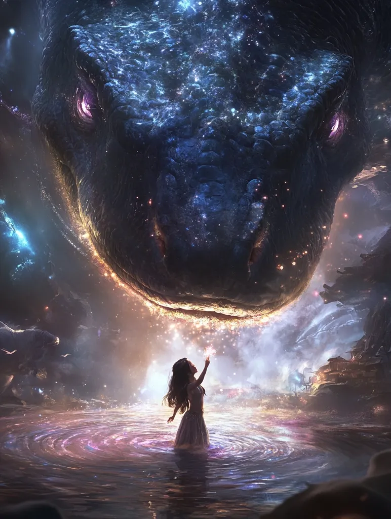 A young girl in a white dress stands in a swirling, iridescent pool of water. Her hand reaches up towards a gigantic, celestial serpent, whose scales shimmer with stars. The serpent's eye glows with a purple light, and its form fills the sky, casting a shadow over the scene. The world is bathed in a soft, ethereal glow, hinting at magic and wonder.