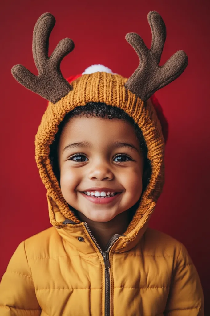 A young boy with dark curly hair is wearing a brown and yellow knitted reindeer hat with antlers. He is smiling brightly, revealing his white teeth, and wearing a yellow puffer jacket. The background is a solid red.  The boy's joyful expression and festive attire create a cheerful and celebratory image.