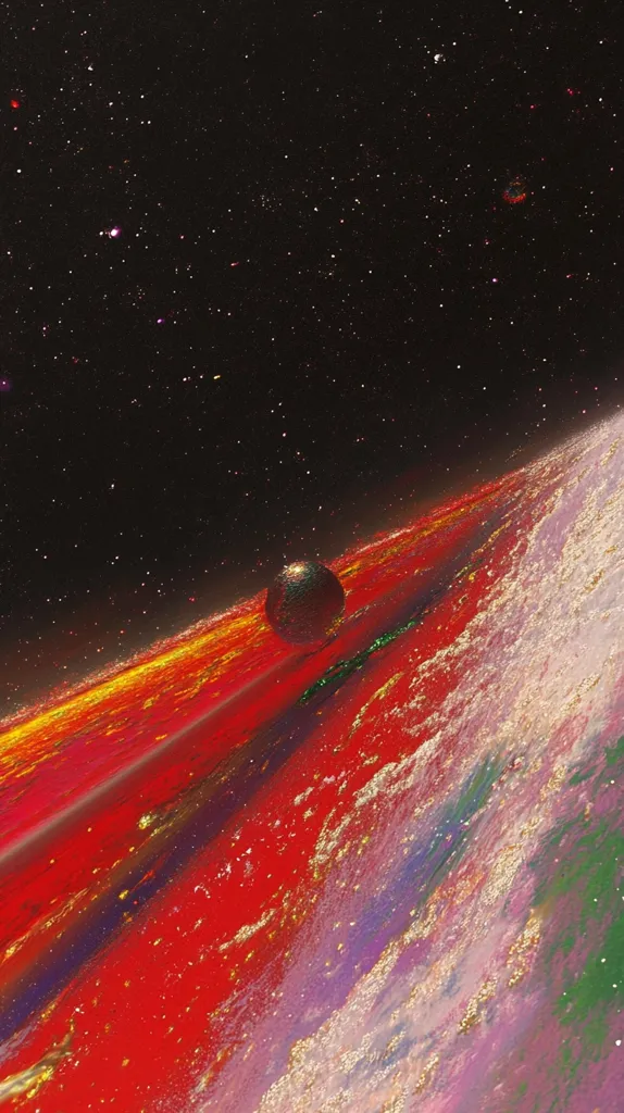 A dark, starry sky with a single planet in the foreground. The planet has a red, orange, and yellow surface with hints of purple and green. It is covered in sparkling dust and reflects the light of the stars. The planet is positioned at the edge of the frame, creating a sense of depth and vastness. The image is abstract and evokes a sense of wonder and the unknown.