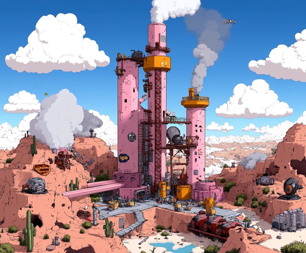 A large industrial complex with tall pink towers and a network of pipes and walkways is situated on a rocky, desert landscape. Smoke billows from chimneys and various machinery, creating a futuristic and slightly dystopian aesthetic. The scene is bathed in bright sunlight, with fluffy white clouds dotting the blue sky.