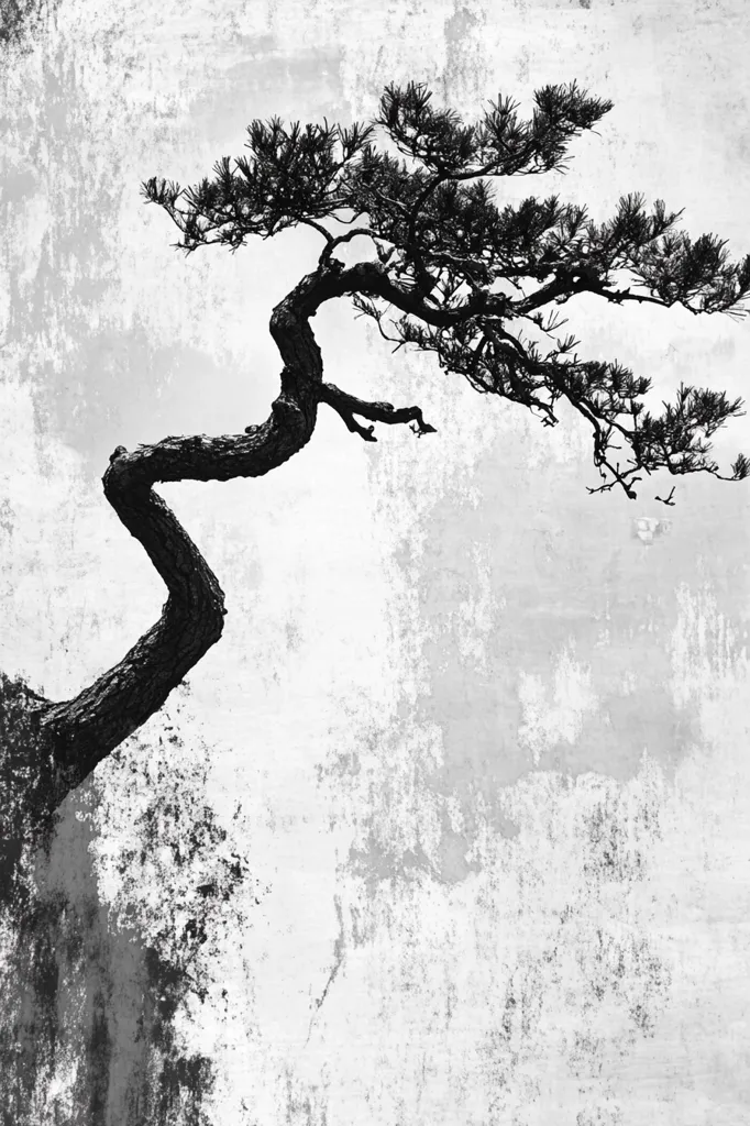 The image is a black and white photograph of a lone tree with twisted branches silhouetted against a textured, light grey background. The tree's branches reach out towards the right side of the image, creating a sense of movement and reaching. The texture of the background adds a sense of age and history, contrasting with the sharp lines of the tree's silhouette. The composition is simple yet striking, highlighting the beauty of nature's resilience and the starkness of the silhouette against the textured backdrop.