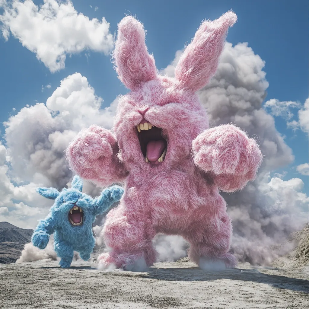 Two fluffy, cartoonish rabbits are running towards the viewer. They are both screaming with their mouths wide open. The pink rabbit is larger and in the foreground. The blue rabbit is smaller and in the background. Both rabbits are running on a dusty, grey surface. There is a large, dark cloud in the background.  The image has a comedic and slightly unsettling feel.