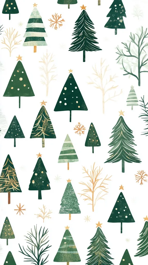 The image features a white background with a repeating pattern of Christmas trees in various shades of green and gold. Some trees are decorated with white dots or gold stripes, while others are adorned with delicate snowflakes. Bare branches and twigs are scattered throughout the image, adding a touch of wintery charm. The overall effect is festive and whimsical.