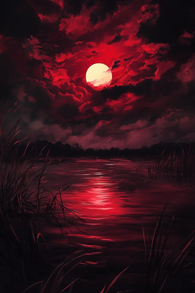 The image depicts a serene, nocturnal scene with a large, full moon illuminating a dark, still lake. The sky is a vibrant red, filled with swirling clouds, casting a warm, reddish glow on the water. The silhouette of trees lines the shore, adding depth and mystery to the composition. The overall effect is one of quiet solitude and ethereal beauty.