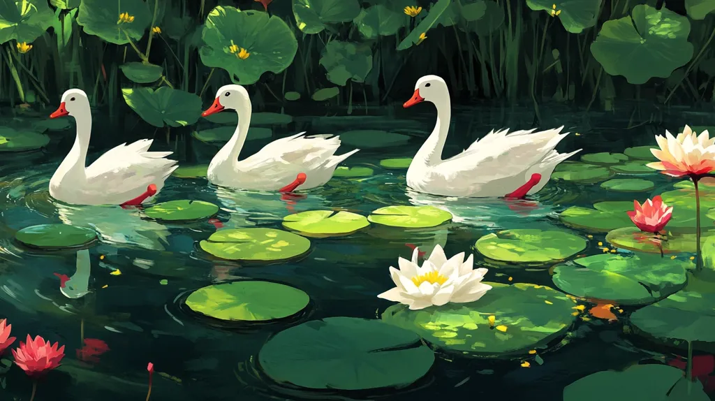 Three white swans glide through a serene pond adorned with lush green lily pads and vibrant pink water lilies. Sunlight filters through the leaves above, casting shimmering reflections on the water's surface. The tranquil scene evokes a sense of peace and natural beauty.