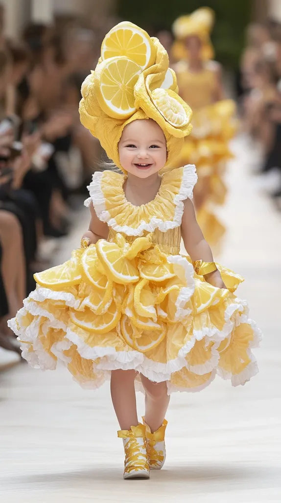 A young girl walks down a runway, her face beaming with joy. She wears a bright yellow dress made entirely of lemon slices, adorned with white lace ruffles. Her head is crowned with a matching lemon slice hat, and her shoes, also lemon-themed, complete the ensemble. The dress's unique design creates a delightful and whimsical appearance.  She is the picture of sunshine and happiness as she struts down the runway.