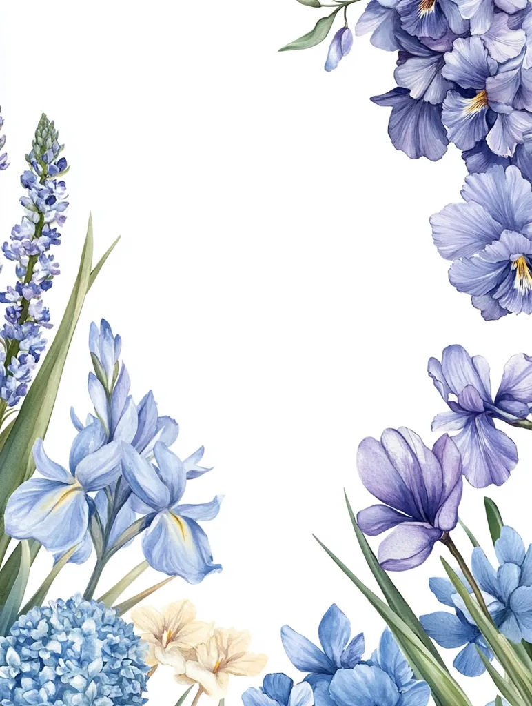 The image is a watercolor painting of a floral border.  The border is made up of blue and purple flowers, including irises, hyacinths, and pansies. The flowers are arranged in a way that creates a frame around a blank white space. The flowers are painted with delicate detail, and the overall effect is one of beauty and elegance.