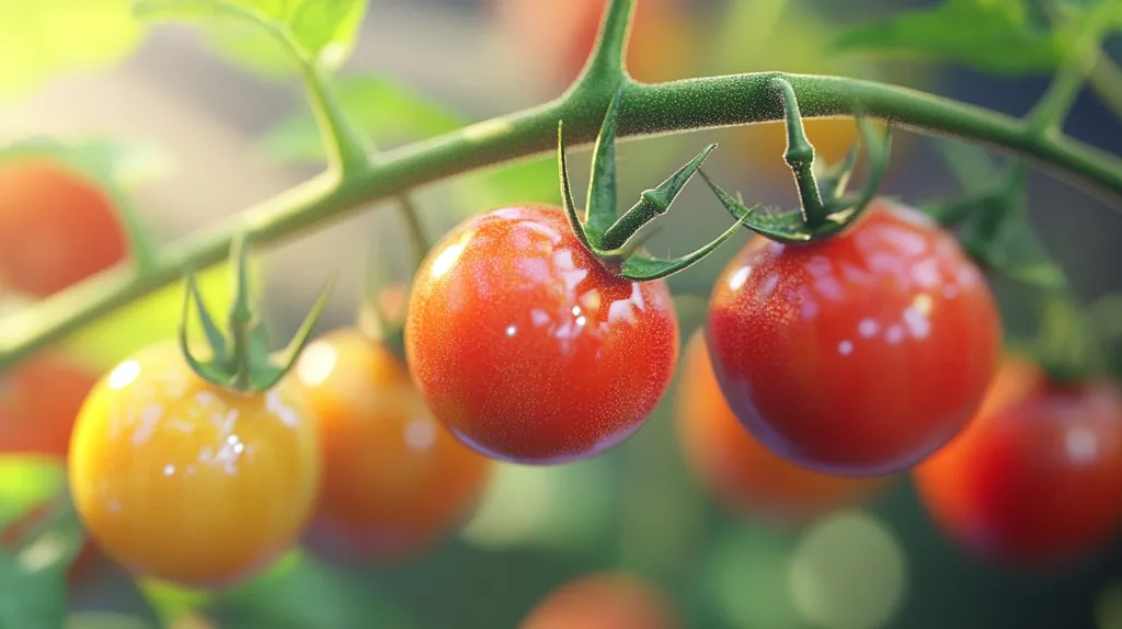 A close-up of a tomato plant with ripe red and yellow cherry tomatoes. The tomatoes are glistening with moisture, and the green leaves are blurred in the background. The sun is shining brightly, creating a warm and inviting atmosphere.  The image captures the beauty and freshness of nature.