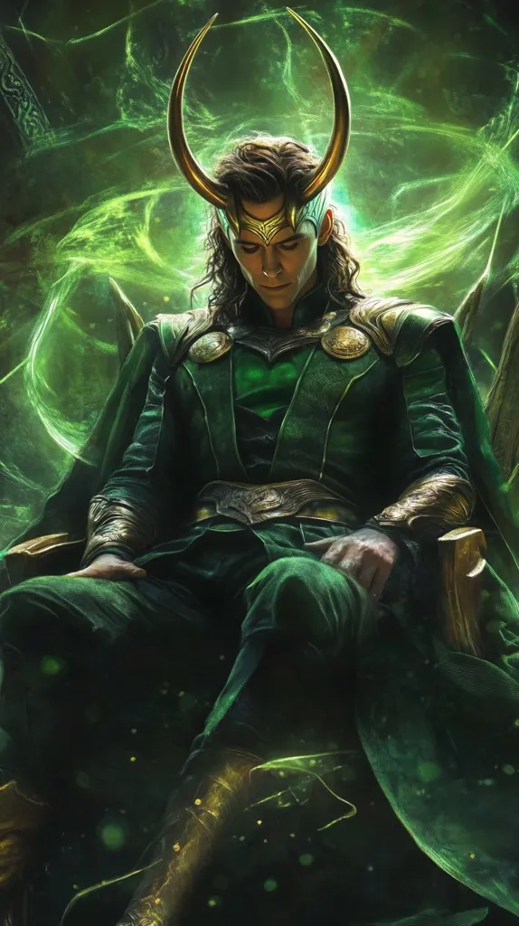 The image depicts Loki, the Norse god of mischief, in his signature green attire. He sits on a throne, his horned helmet casting a shadow over his face. His expression is serious, and his hands rest on his lap. The background features swirling green energy, emphasizing his magical abilities. The overall atmosphere is one of power and mystery.