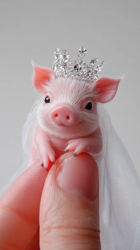 A tiny pink piglet with a sparkling diamond tiara sits in a delicate white veil, held gently by a human hand. Its large eyes and small snout give it a sweet and innocent expression, creating a whimsical and charming image.