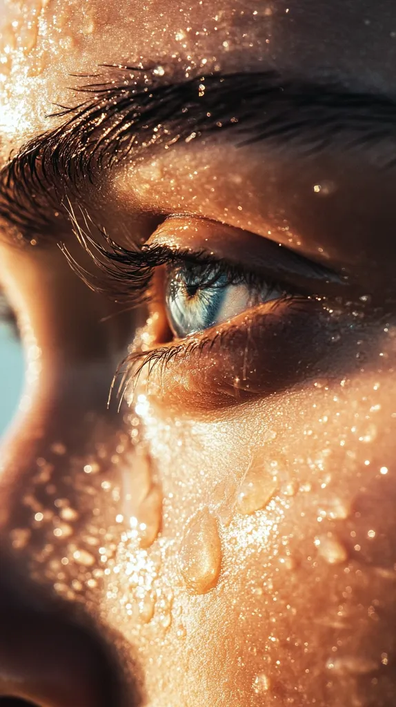 A close-up of a person's eye and cheek. The skin is glistening with water droplets, catching the light and creating a sparkling effect. The person's eye is partially closed, gazing off into the distance. The image is a study in light and texture, capturing the beauty of natural elements.