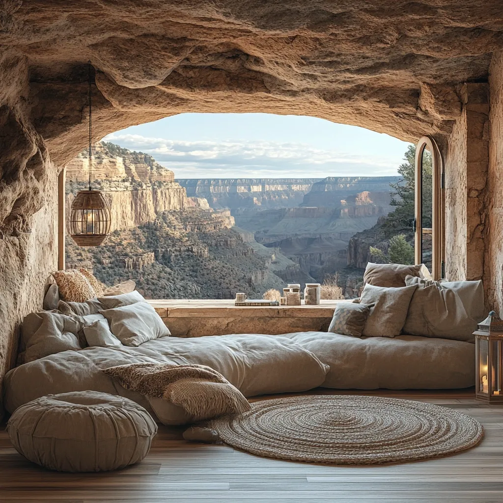 A cozy cave dwelling with a stunning view of a canyon landscape. The room features a large window, a comfy couch, and a round rug. Natural light fills the space, creating a warm and inviting ambiance. The rustic stone walls and wooden floor add to the charm of the setting.  The view through the window reveals a vast canyon with layered cliffs and a distant sky.  The image evokes a sense of tranquility and peace.