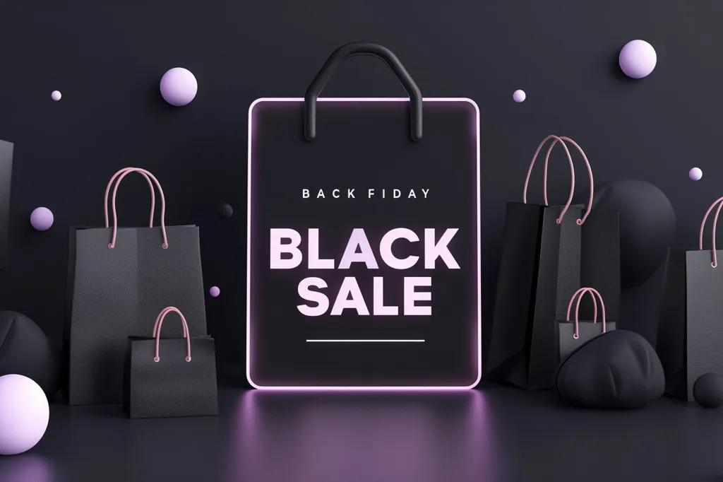 The image depicts a Black Friday sale advertisement with a neon sign that reads "Black Friday Black Sale."  The sign is surrounded by black shopping bags and small purple spheres, creating a minimalist and modern aesthetic. The image evokes a sense of excitement and anticipation for the upcoming shopping event.  The composition is balanced and visually appealing, showcasing the sale message prominently.  The use of black and purple colors creates a sense of sophistication and mystery.