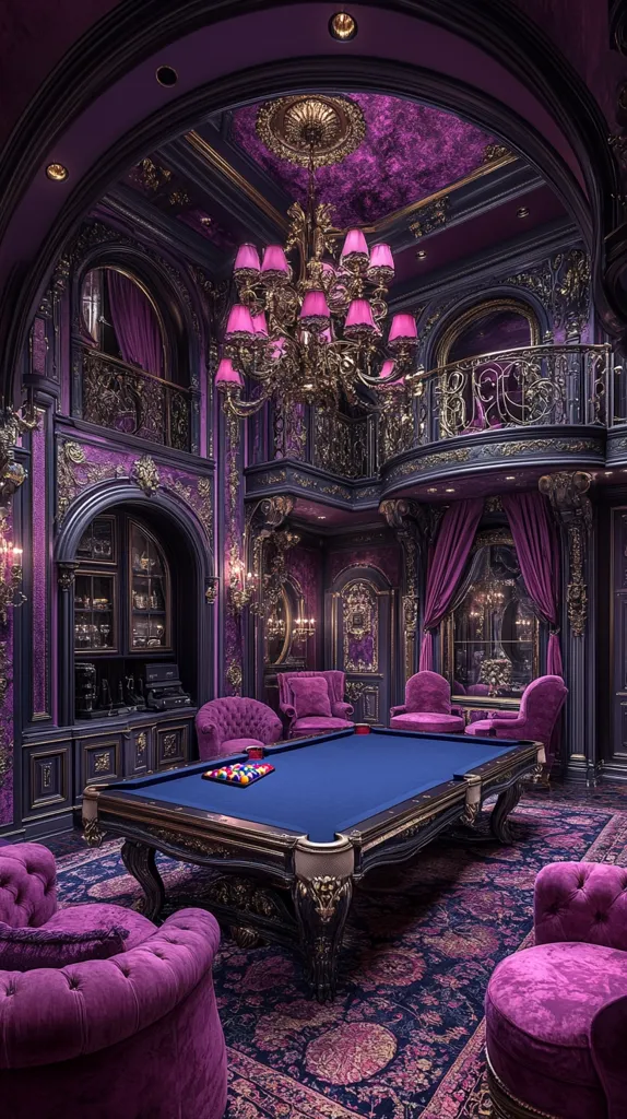 A luxurious game room with a purple and gold color scheme.  A large, ornate pool table sits in the center of the room, surrounded by plush purple chairs.  The walls are adorned with intricate gold detailing and there is a grand chandelier hanging from the ceiling.  The room is also decorated with numerous other luxurious items, such as a bookcase filled with fine wines.  The overall effect is one of opulence and grandeur.