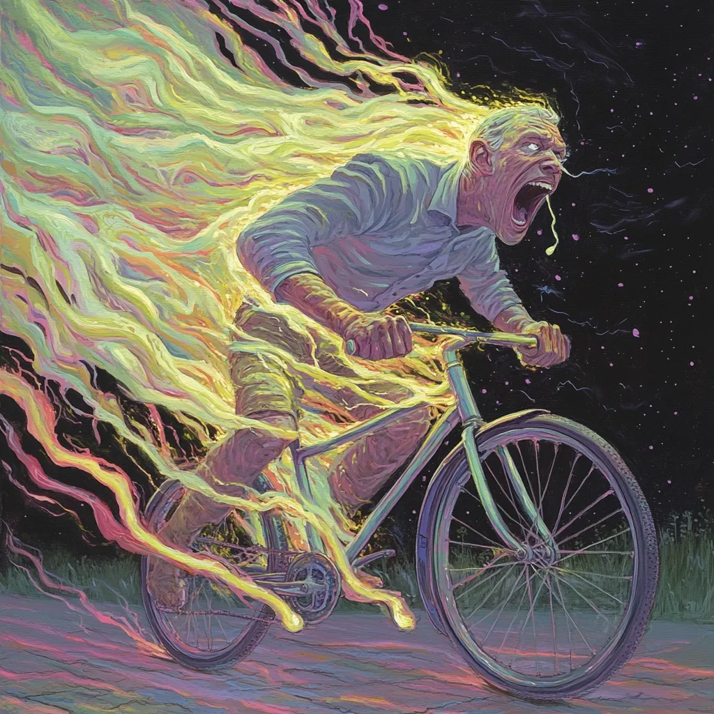 A man in a blue shirt rides a bicycle on a dark road with stars in the background. He is engulfed in yellow flames that trail behind him, and he has an open mouth and appears to be yelling or screaming. The road is a bright pink, yellow, and purple. The man is in a state of intense motion and excitement.