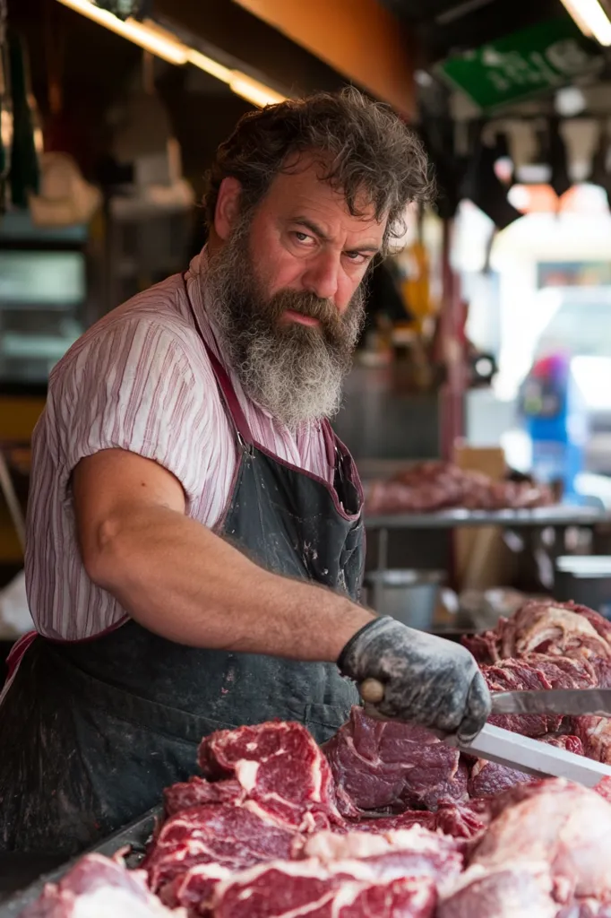 A butcher, with a thick beard and a serious expression, is cutting meat in a butcher shop. He wears a striped shirt, a black apron, and black gloves. The raw beef is arranged on a counter, ready to be sold. The image captures the daily routine of a butcher shop, showcasing the craft of preparing meat for customers.