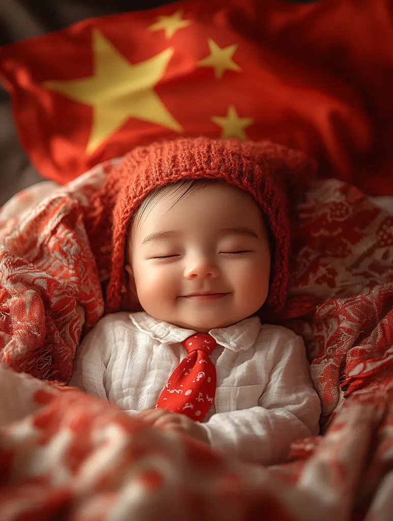 A baby, wearing a red knitted hat and a white shirt with a red tie, sleeps peacefully on a bed of red blankets. A red flag with yellow stars rests on the bed behind the baby. The baby's eyes are closed and a slight smile graces their lips. The scene is filled with warmth and a sense of quietude.