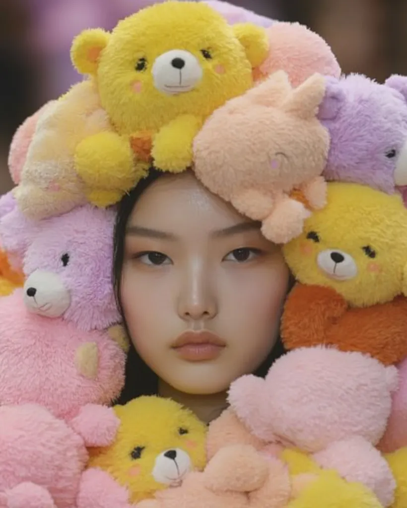 A young woman with dark hair is wearing a crown of colorful teddy bears. The bears are in various shades of pink, yellow, and purple. The woman's face is framed by the bears, and her eyes are looking directly at the viewer. The soft, pastel colors of the bears and the woman's gentle expression create a sense of whimsical innocence.