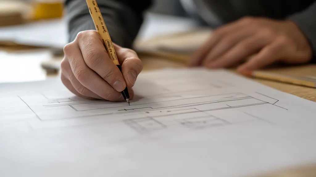 A person is sketching on a white sheet of paper, using a yellow pencil. The paper has a drawing of what looks like a floorplan, with lines and shapes indicating rooms and furniture. The person is focused on their work, their hand holding the pencil steady as they draw. The image captures the act of creation and design, the process of bringing ideas to life.