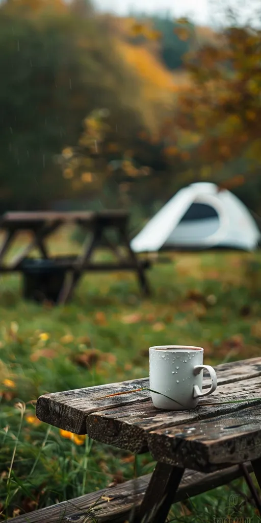 A white mug of coffee sits on a wooden picnic table in a campsite. The table is in front of a white tent and blurred foliage, all of which are covered in rain. The atmosphere is peaceful and cozy.