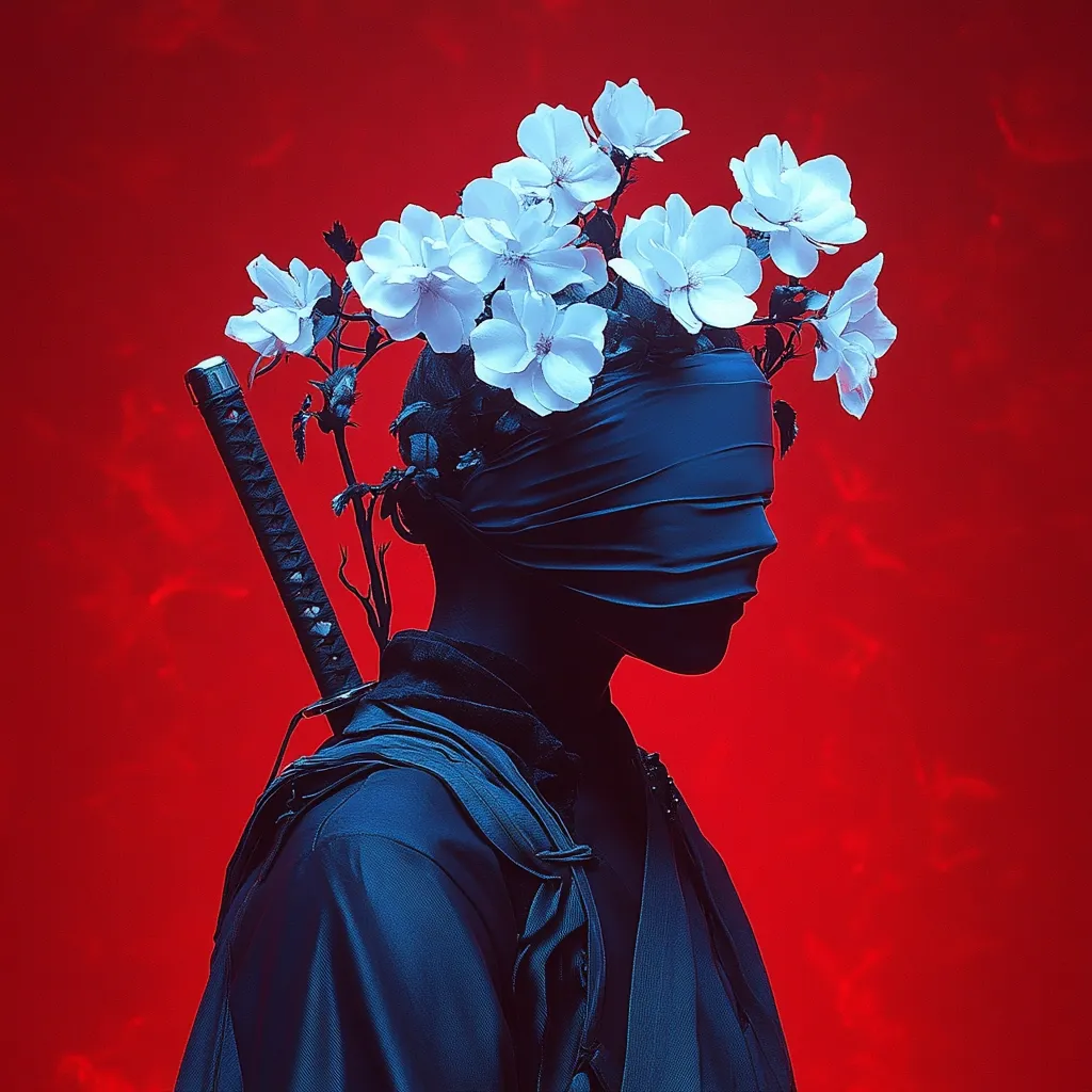 A figure in black clothing with a black blindfold stands against a bright red background. Their head is adorned with white flowers. A katana sword is strapped to their back. The image evokes a sense of mystery and danger, perhaps a silent assassin or a warrior poised for action.