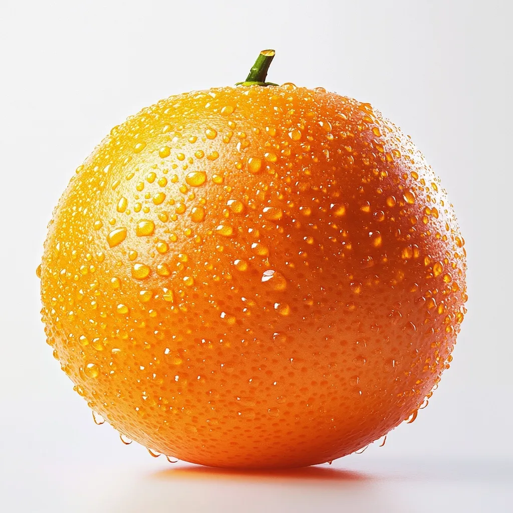 A perfectly round orange, glistening with water droplets, sits on a white surface. The orange's vibrant orange skin is punctuated by countless tiny water droplets, reflecting the light and giving the fruit a dewy, fresh appearance. The light catches the droplets, creating a mesmerizing display of tiny rainbows on the orange's surface.  The single green stem at the top adds a touch of contrast.