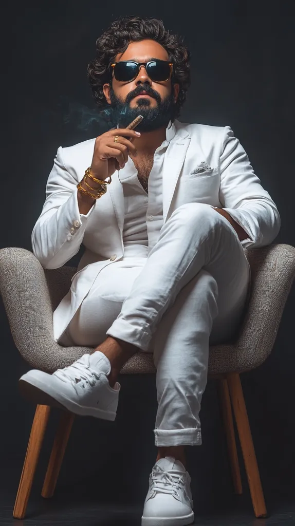 A man in a white suit and sunglasses sits in a chair, holding a cigarette in his right hand. His left hand rests on his leg, adorned with gold bracelets. The background is a dark gray, creating a stark contrast with the man's outfit. His beard is thick and black, and his hair is styled in a messy, chic fashion. The image portrays a relaxed yet sophisticated ambiance.