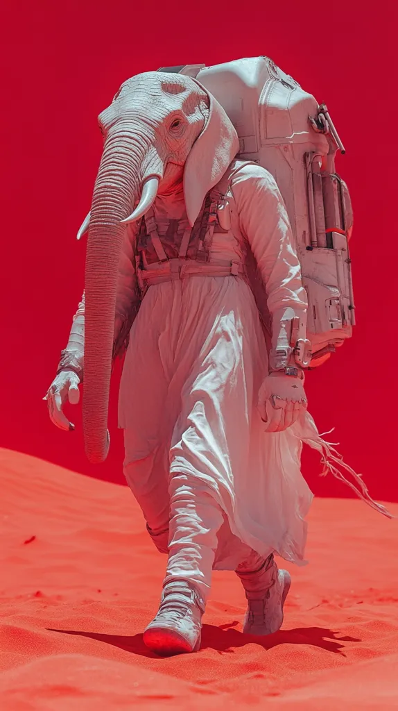 A humanoid figure with an elephant head and trunk is walking across a red sand desert. The figure wears a white, flowing suit and carries a large, rectangular backpack. The figure's left arm is extended, its hand open, as if gesturing. The figure's right arm is bent at the elbow, the hand closed.