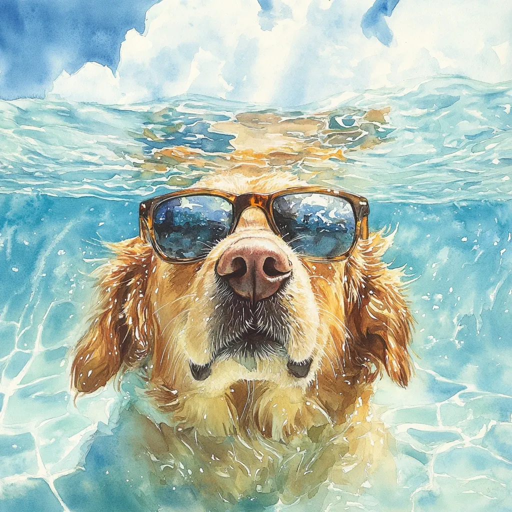 A golden retriever dog wearing sunglasses emerges from the water, its head and neck visible. The dog has a relaxed expression with its mouth slightly open. The water is a light blue and turquoise, and the sky is a pale blue with a few white clouds. The dog's fur is light brown and fluffy, and the sunglasses are brown with a mirrored lens. The artwork is done in a watercolor style.