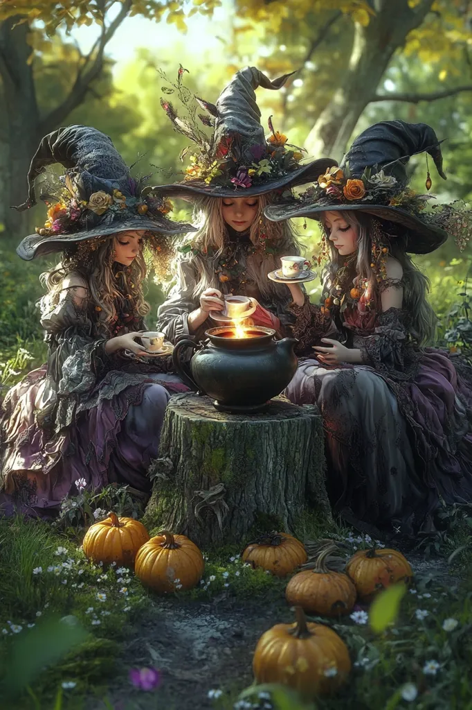 Three young witches, dressed in elaborate gowns and pointed hats, sit around a bubbling cauldron in a forest setting. The witches are enjoying tea, and the scene is filled with magical ambiance. Pumpkins adorn the ground, adding to the autumnal feel. The image evokes a sense of whimsical wonder and fairytale enchantment.