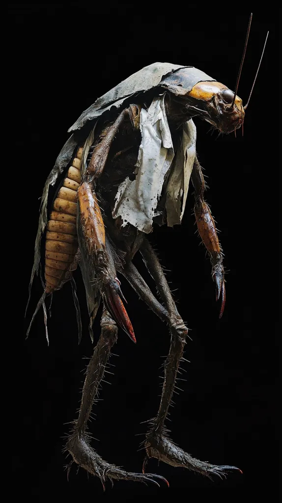 A large, grotesque insect with a segmented body, segmented legs, and a pair of antennae. It has a tattered, gray cloth draped over its head and torso. Its body is covered in dark, spiky hairs. It stands on a black background, with its long legs bent at the knees. The creature appears to be dead or injured, with a sense of decay and horror.