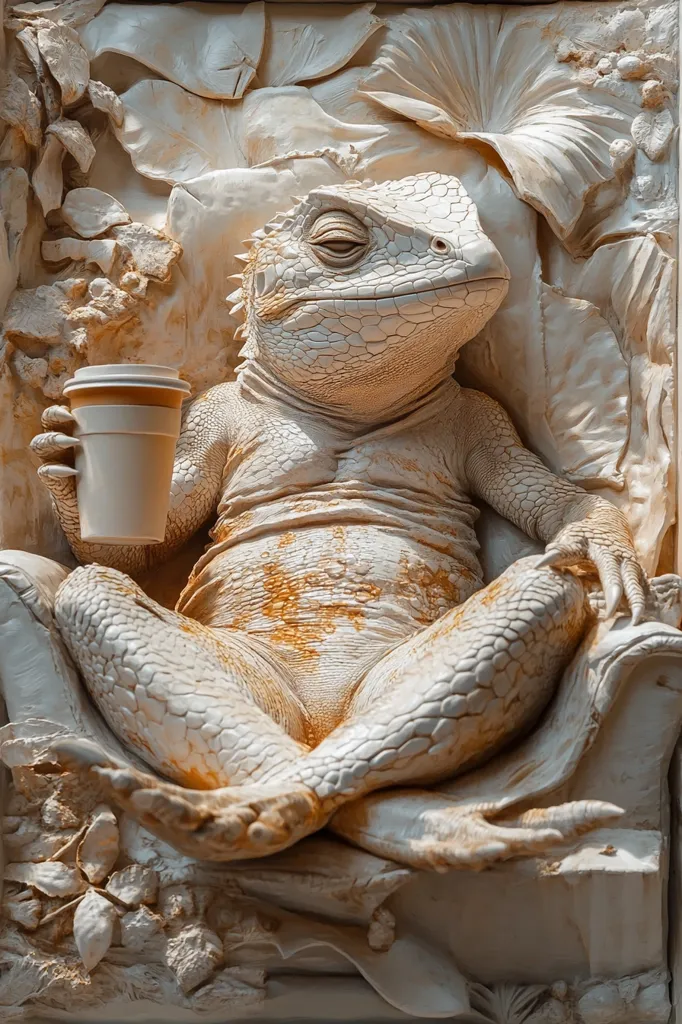 The image shows a white ceramic sculpture of a lizard. The lizard is sitting in a relaxed pose with its eyes closed, holding a cup of coffee in its hand. The sculpture is detailed and lifelike, with the lizard’s scales and skin texture realistically rendered. It is surrounded by a decorative background of leaves and flowers, creating a peaceful and serene scene. The overall tone of the image is playful and whimsical.