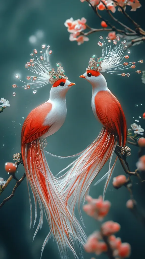Two birds, adorned with jeweled crowns and long, flowing, white and red feathers, perch on a branch amidst a backdrop of delicate pink blossoms. The birds face each other, their beaks nearly touching, creating a sense of intimacy and grace. The image evokes a whimsical and romantic atmosphere.