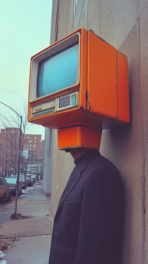 A person is standing on a city street with an old orange television on their head. The television is angled slightly forward and is large enough to completely cover the person's head and face. The person is dressed in a dark blazer and is standing against a concrete wall. The person's body and the television are the only things visible in the image. The background is out of focus, but it appears to be a city street with buildings and trees. The scene has a surreal and abstract quality.